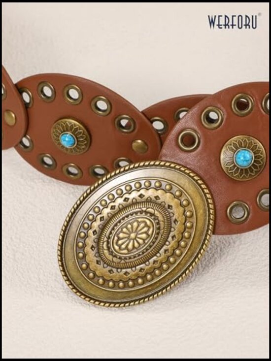 Women Western Belt with Turquoise Concho Disc Buckle Cowgirl Country Faux main image 6